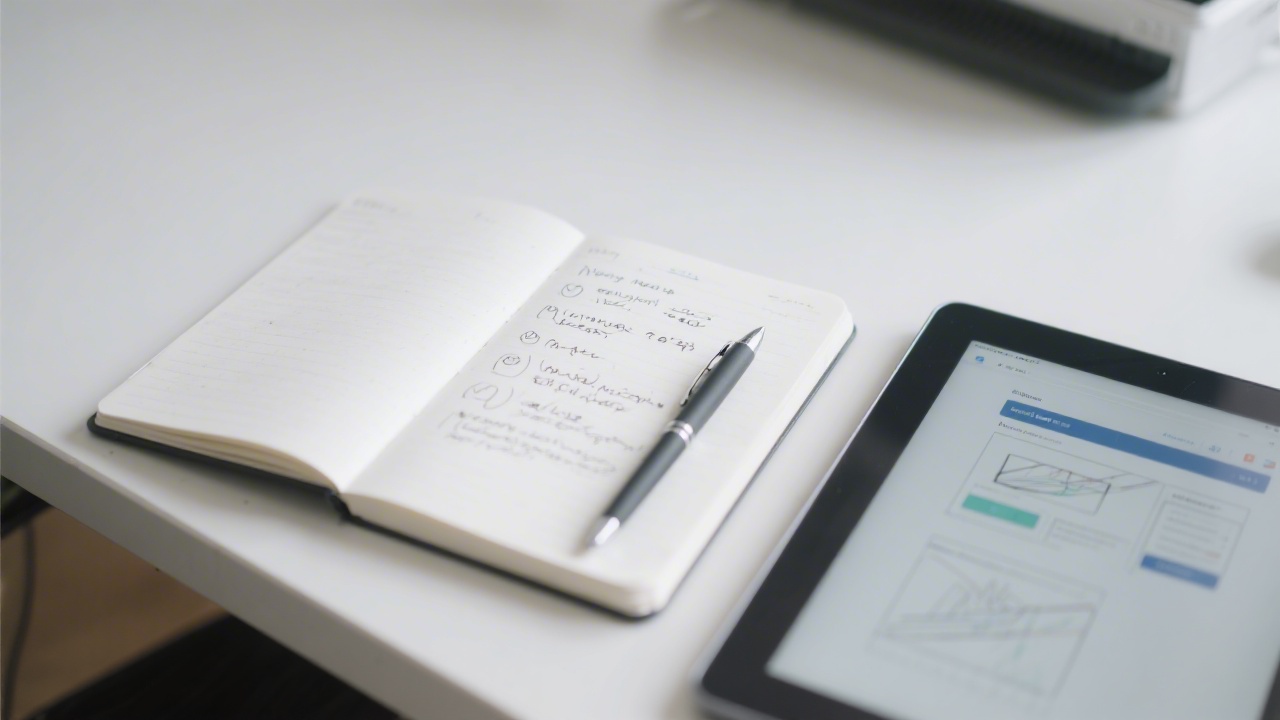 Close-up of a white notebook with handwritten meeting notes, a pen, and a small tablet showing a web design draft, placed on a light desk.