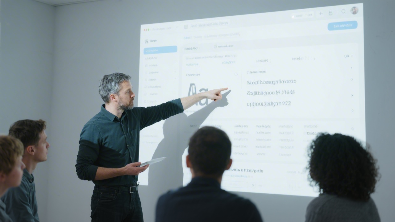 Design mentor pointing at a projected user interface, with a small group reviewing typography and spacing choices on a bright, organized presentation screen.