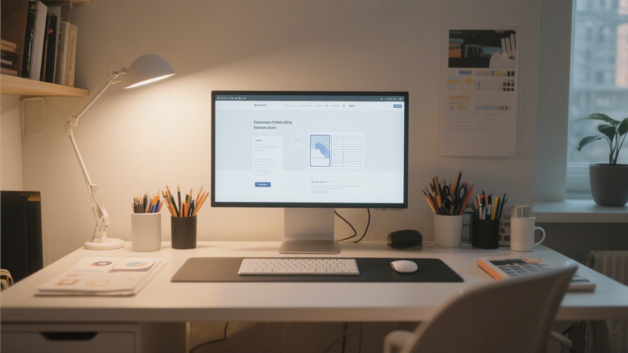Modern creative workspace with a clean desktop, large monitor showing a web design layout, soft ambient light, and organized tools for digital design work.